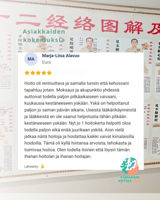Jokainen palaute muistuttaa minua siitä, että pienilläkin asioilla on merkitystä.

Kiitos jokaiselle, joka on jakanut kokemuksensa. Se auttaa myös uusia asiakkaita löytämään vastaanotolleni turvallisin mielin.

Lämpimin terveisin,
Liang
