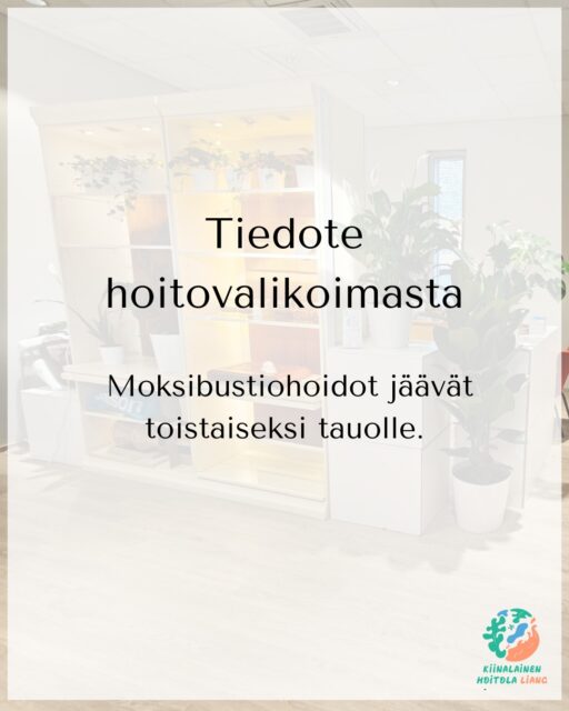 Aurinkoista sunnuntaita.
Haluan tiedottaa muutoksesta hoitovalikoimassani. Moksibustiohoidot jäävät toistaiseksi tauolle.
Päätös ei ollut helppo, sillä tiedän, että moni asiakas on saanut moksibustiosta apua, lämpöä ja hyvää oloa. Päätös liittyy omaan jaksamiseeni, terveydentilaani ja hoitotyön käytännön järjestelyihin. Haluan tehdä tämän muutoksen ajoissa, jotta voin jatkaa asiakkaiden hoitamista rauhallisesti ja hyvällä laadulla myös jatkossa.
Hoidot jatkuvat normaalisti muilla menetelmillä. Toistaiseksi hoitomenetelmät ovat: lääketieteellinen akupunktio, korva-akupunktio, kuivakuppaus, sähköhieronta, gua sha. Jos sinulla on jo varattuna moksibustioaika, voimme halutessasi vaihtaa sen toiseen hoitoon. Jos et halua vaihtaa hoitoa, voit perua ajan veloituksetta.
Jos olet Liang Plus -jäsen ja jäsenyytesi on ollut sinulle tärkeä erityisesti moksibustion vuoksi, ymmärrän tilanteen hyvin. Voit halutessasi jatkaa jäsenyyttä ja käyttää jäsenetuja muihin hoitoihin, tai päättää jäsenyyden. Tällöin hyvitän jäljellä olevan jäsenajan suhteessa käyttämättömään aikaan.
Kiitos ymmärryksestäsi.
Haluan jatkossakin hoitaa sinua mahdollisimman hyvin – vain hieman eri menetelmillä. 🌿
Lämpimin terveisin,
Liang
Kiinalainen Hoitola Liang
📍 Länsipuisto 17, Pori
📧 info@khliang.fi | 📞 044 245 5649